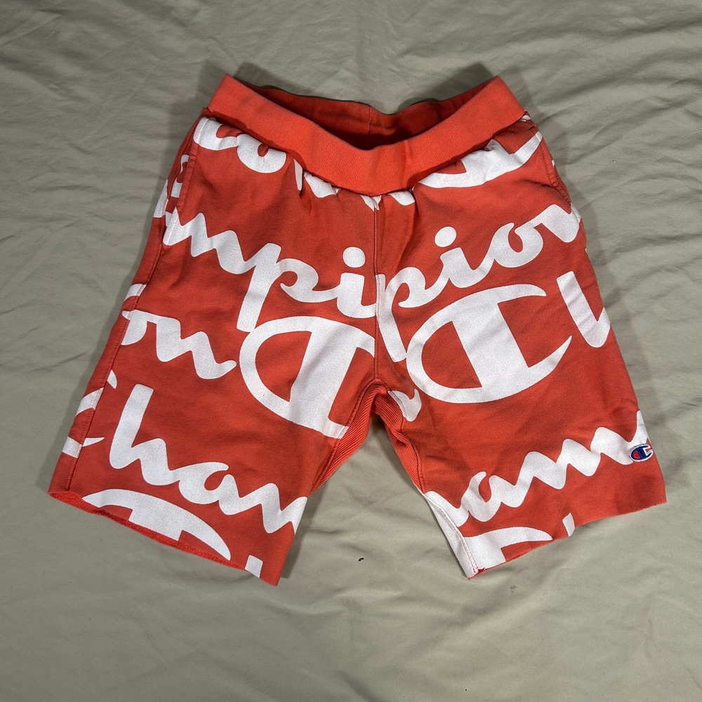 Champion Reverse Weave Orange All Over Print Script Logo Sweat Shorts Mens Large
